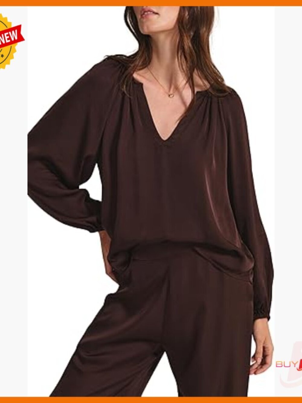 Velvet Satin Mix Media Blouse Long Sleeve V-Neck Regular Fit